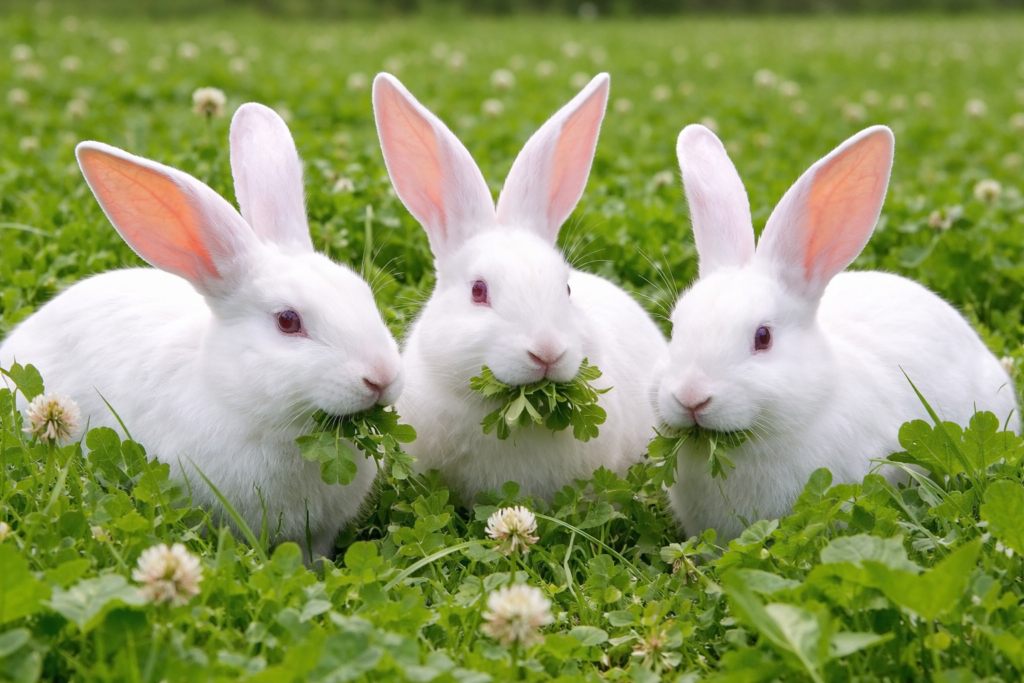New Zealand rabbits eating fresh clover from a rabbit food plot