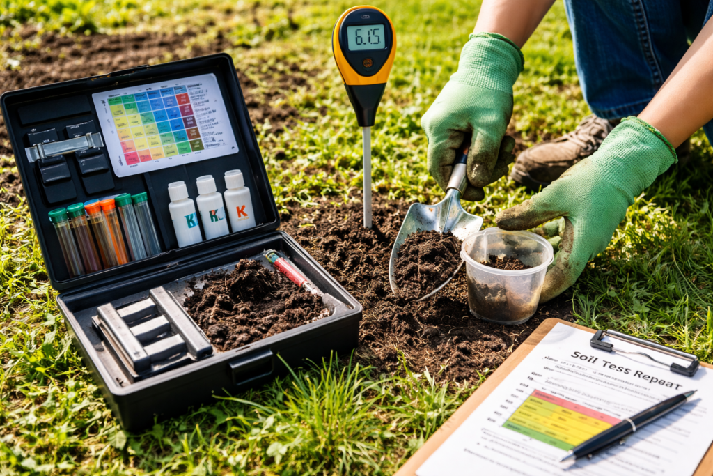 Collecting soil samples with a soil testing kit before planting a food plot.